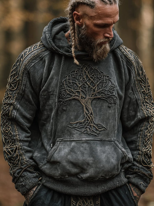 Nordic Viking Inspired Yggdrasill Retro Print Casual Long-Sleeve Hoodie