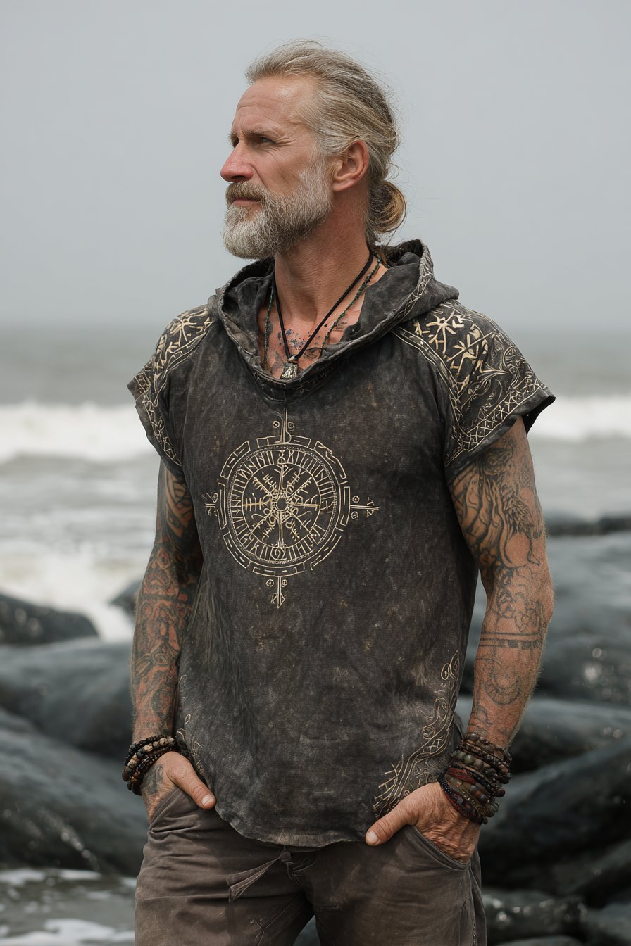 Men's Print Viking Compass Inspired Rune Celtic Knot Pattern Short Sleeve Hoodie
