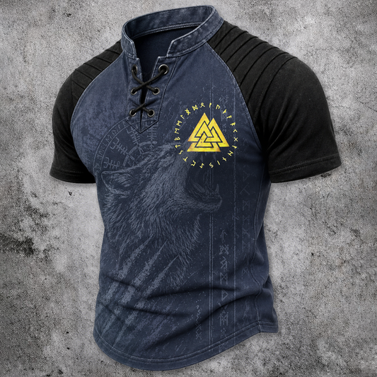 Men's Vintage Wolf Graphic Lace-Up Henley T-Shirt - Norse Print Short Sleeve Tee