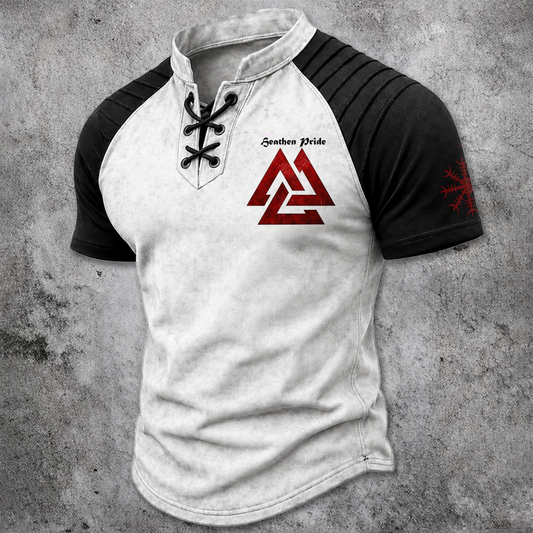 Men's Lace-Up Henley T-Shirt - Norse Graphic Two-Tone Short Sleeve Tee