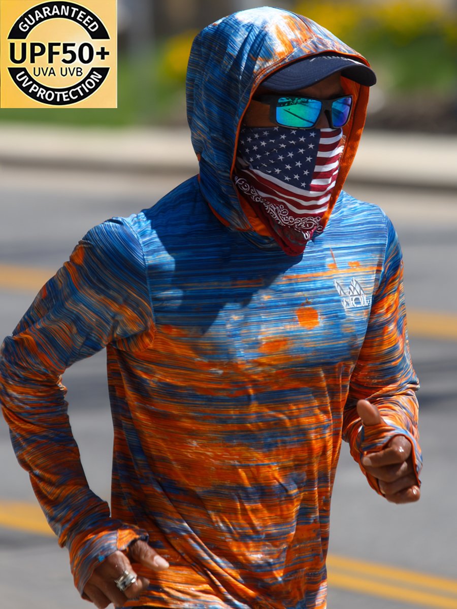 Men's Outdoor Sun Protection Breathable Cool Face Mask Hooded Printed Long-Sleeved Top