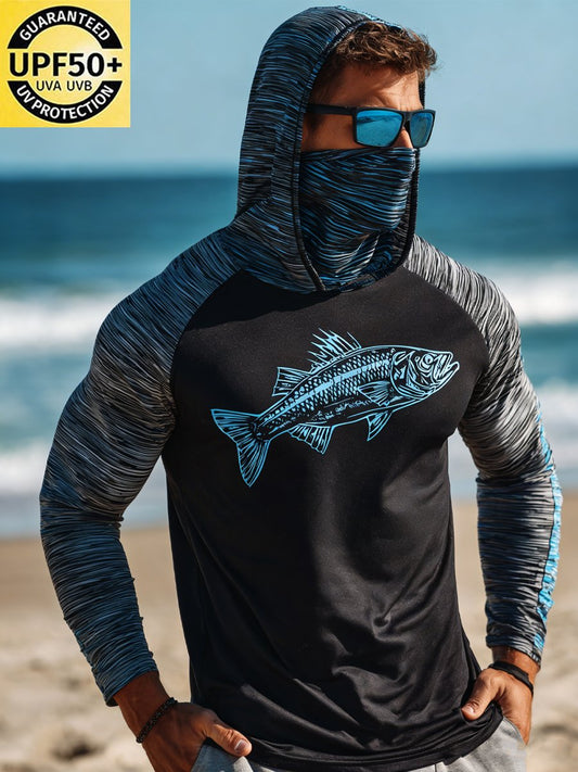 Men's Outdoor Sun Protection Breathable Cool Face Mask Hooded Printed Long-Sleeved Top