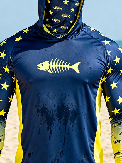 Men's Outdoor Sun Protection Breathable Cool Face Mask Hooded Printed Long-Sleeved Top