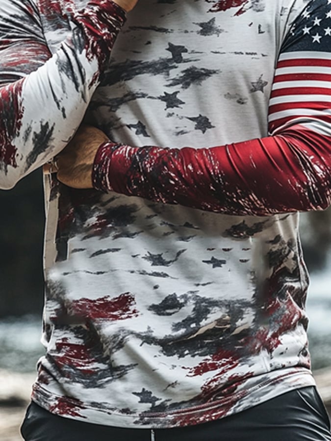 Men's Outdoor Sun Protection Breathable Cool Mask American Flag Print Hooded Sun Protection Long Sleeve Top