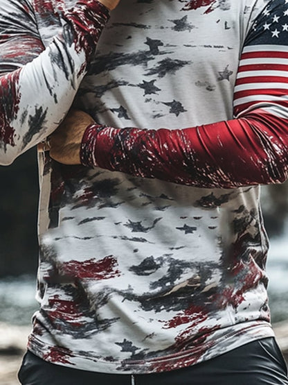 Men's Outdoor Sun Protection Breathable Cool Mask American Flag Print Hooded Sun Protection Long Sleeve Top
