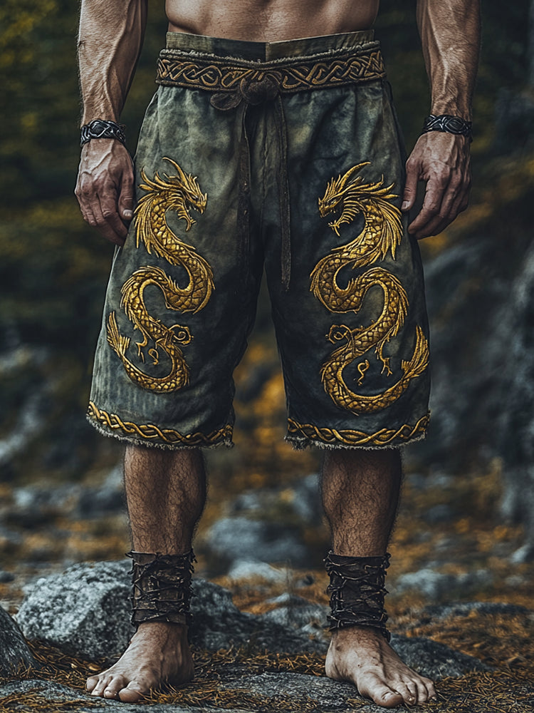 Men's Viking Rune Golden Dragon In Celtic Knot Print Sports Shorts