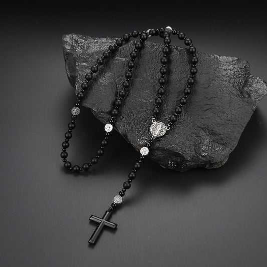 St. Benedict Medal & Cross of 8 mm Round Black Multi-material Nylon Cord Rosary