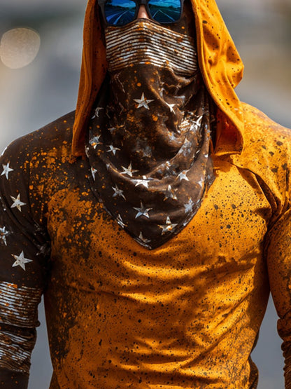 Men's Retro Print Outdoor Sun Protection Breathable Cool Mask Hooded Sun Protection Long Sleeve Top