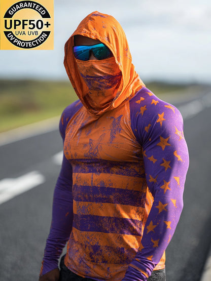 Men's Outdoor Sun Protection Breathable Cool Mask American Flag Print Hooded Sun Protection Long Sleeve Top