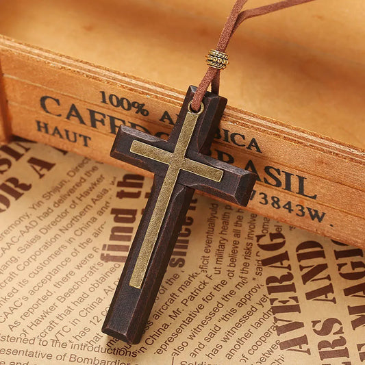 Alloy Splicing Wood Cross Pendant Necklace