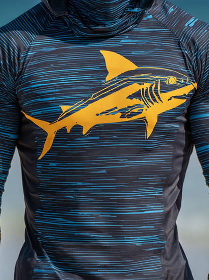 Men's Outdoor Sun Protection Breathable Cool Face Mask Hooded Printed Long-Sleeved Top