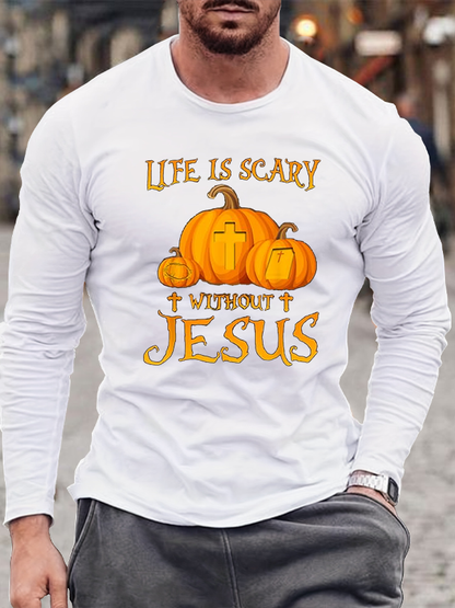 Life Is Scary without Jesus Halloween Pumpkin Christian Cotton Long Sleeve T-Shirt