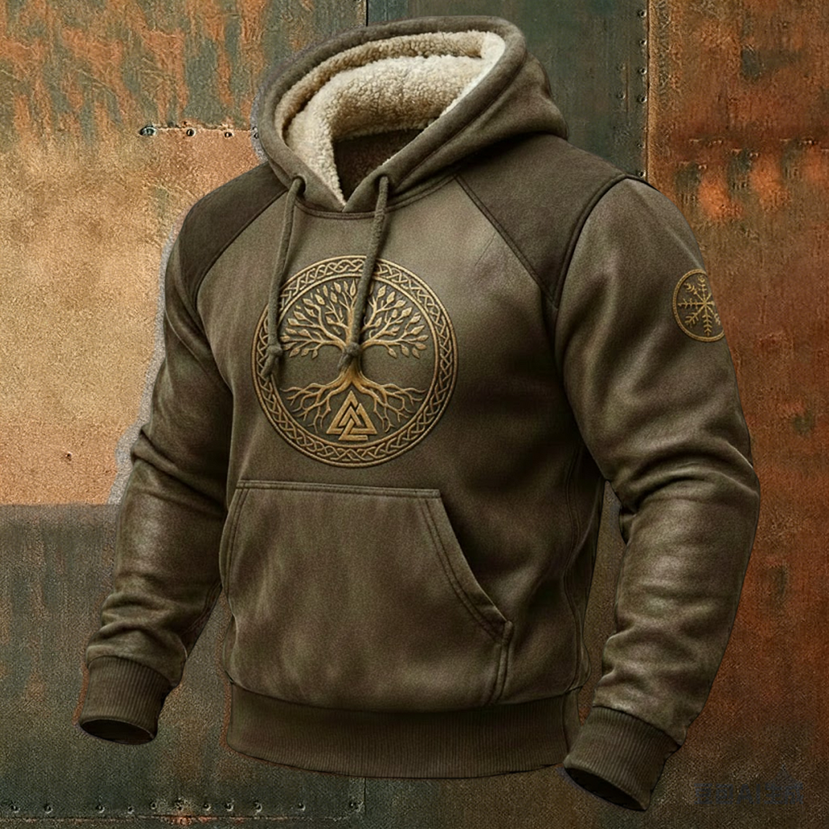 Nordic Viking Hoodie with Cozy Fleece Collar & Vegvisir Emblem
