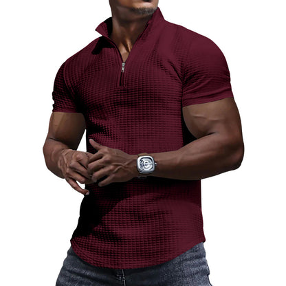 Men's Checkered Half Zipper Short Sleeve Polo Shirt