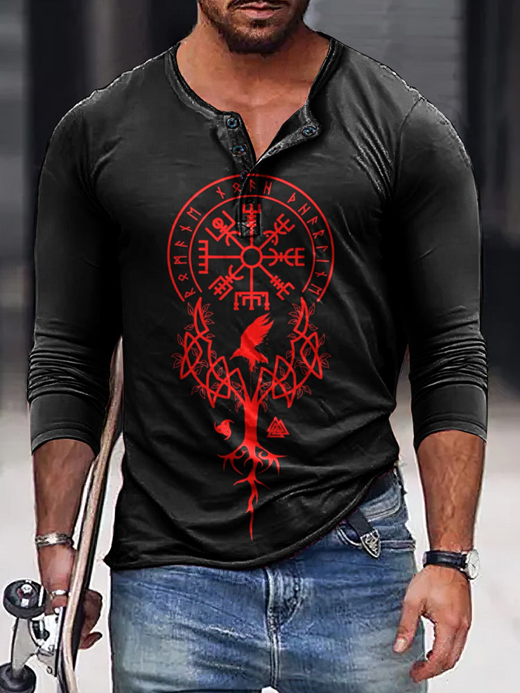 Vintage Viking Totem Print Henley Collar Long Sleeves T-Shirt