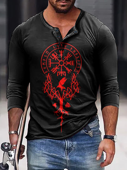 Vintage Viking Totem Print Henley Collar Long Sleeves T-Shirt