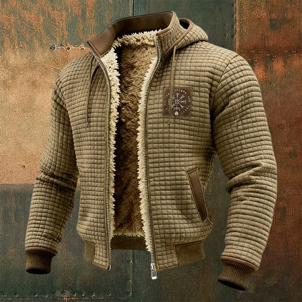 Men's Thermal Grid Jacket Fleece Shearling & Structured Waffle Zip-Up Hoodie