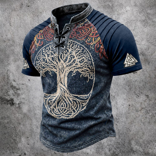 Men's Distressed Norse Tree of Life Print T-Shirt - Vintage Lace-Up Collar Short Sleeve Top