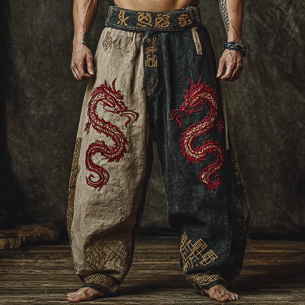 Men's Two-Tone linen Pants - Mythical Beast Print Split Leg Tribal Trousers