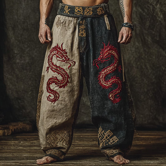 Men's Two-Tone linen Pants - Mythical Beast Print Split Leg Tribal Trousers