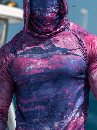 Men's Outdoor Sun Protection Breathable Cool Face Mask Hooded Printed Long-Sleeved Top