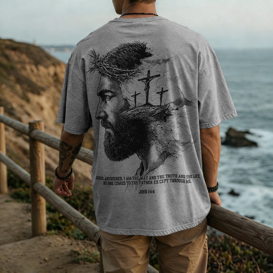 Jesus Answered I Am The Way And The Truth And The Life Printed Men's Washed Tee