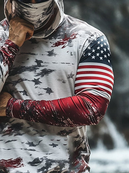 Men's Outdoor Sun Protection Breathable Cool Mask American Flag Print Hooded Sun Protection Long Sleeve Top