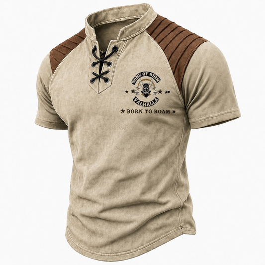 Men's Vintage Graphic Print Lace-Up Henley T-Shirt - Khaki & Brown Padded Shoulder Short Sleeve