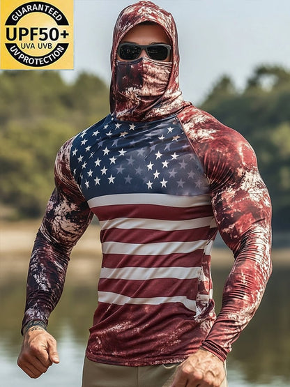 Men's Outdoor Sun Protection Breathable Cool Mask American Flag Print Hooded Sun Protection Long Sleeve Top