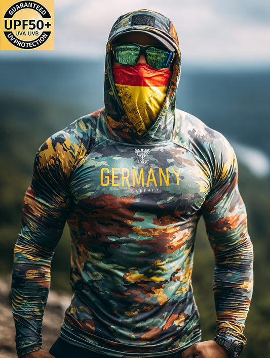 Camouflage German Hiking Enthusiast Print Hooded Sun Shield Shirt