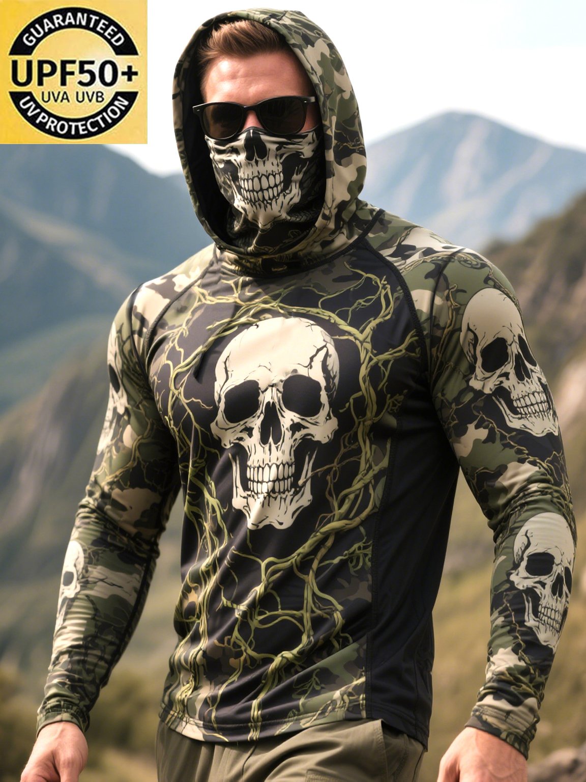 Men's Outdoor Sun Protection Breathable Cool Mask Hooded Sun Protection Long-Sleeved Top