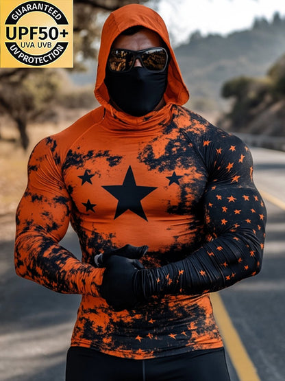 Men's Outdoor Sun Protection Breathable Cool Mask American Flag Print Hooded Sun Protection Long Sleeve Top