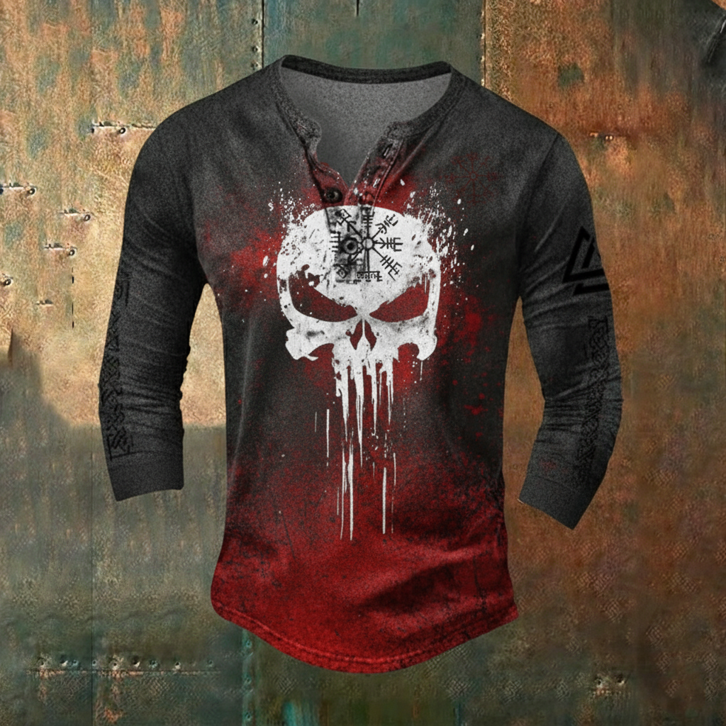 Viking Skull Celtic Knot Casual Long-Sleeve Henley Shirt