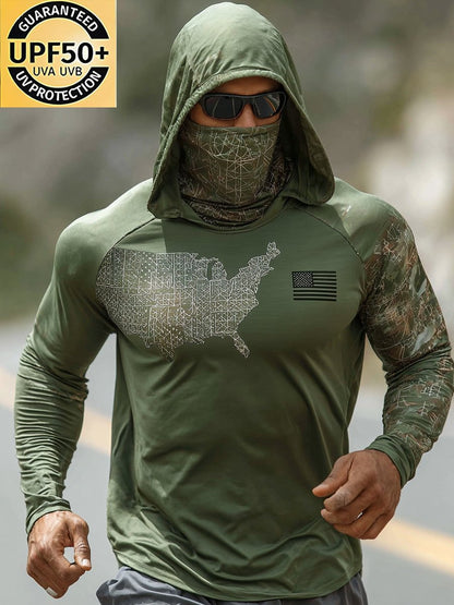 Men's Outdoor Sun Protection Breathable Cool Face Mask Hooded Printed Long-Sleeved Top
