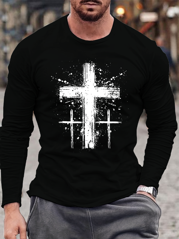 Cross Printed Cotton Long Sleeve T-Shirt