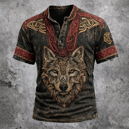 Men's Wolf Graphic Henley Shirt - Distressed Celtic Knot Short Sleeve Button Top