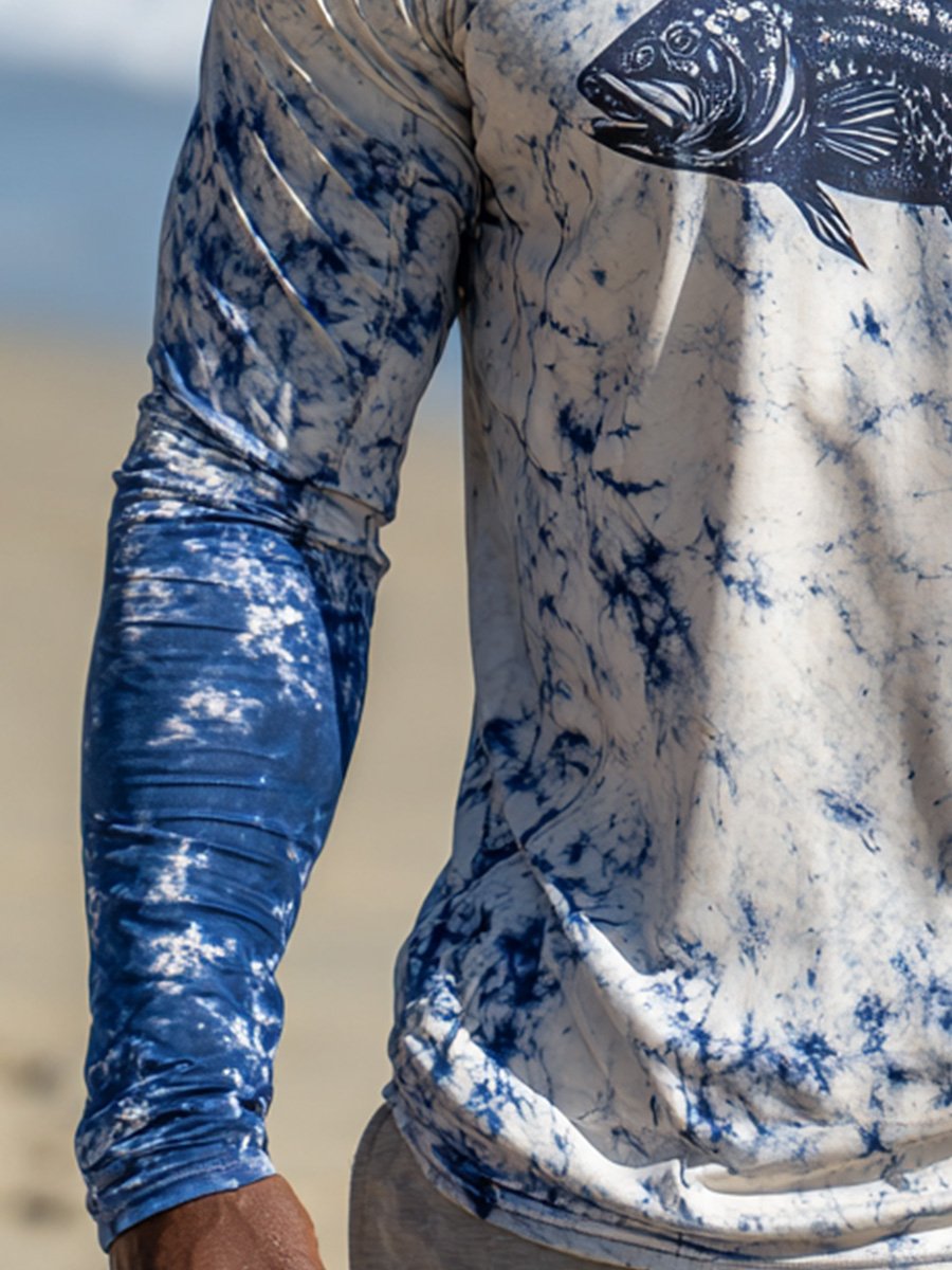 Men's Outdoor Sun Protection Breathable Cool Face Mask Hooded Printed Long-Sleeved Top