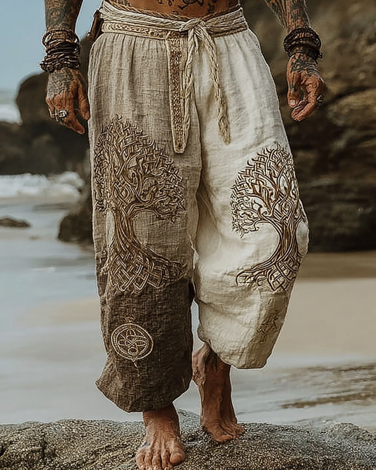Men's Viking Retro Nordic Tree Of Life Totem Linen Pants