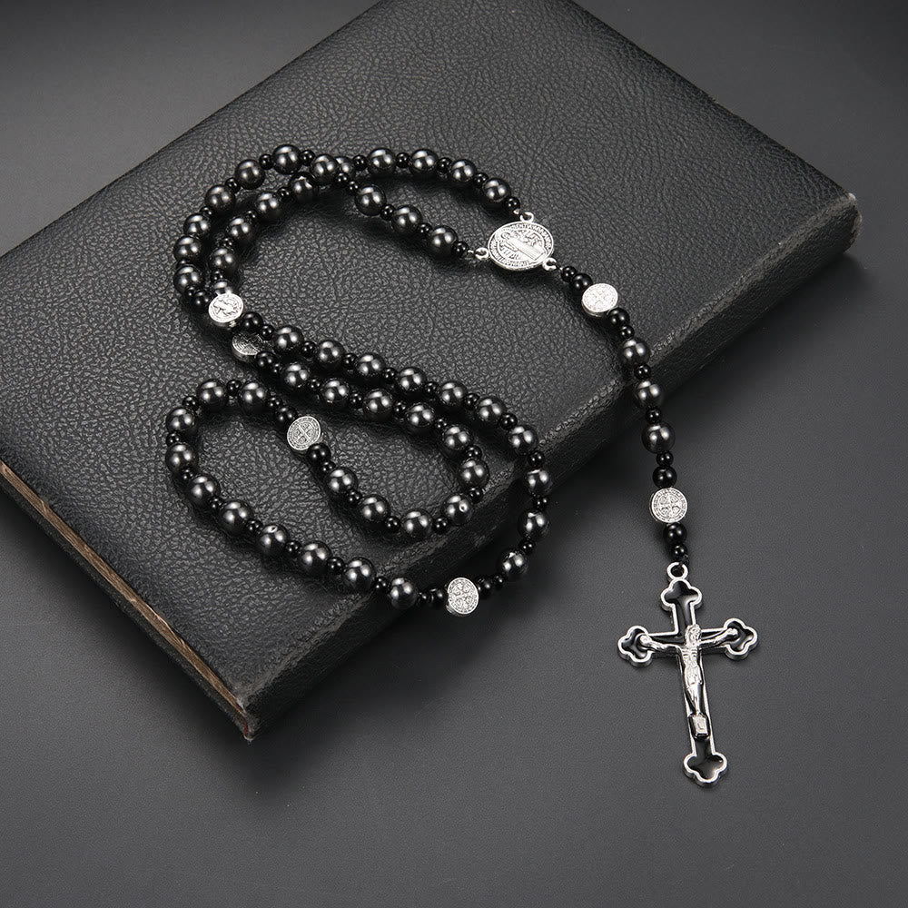 St. Benedict Medal & Cross of 8 mm Round Black Multi-material Nylon Cord Rosary