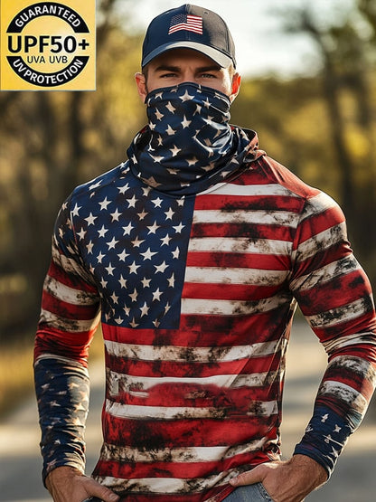 Men's Outdoor Sun Protection Breathable Cool Mask American Flag Print Hooded Sun Protection Long Sleeve Top