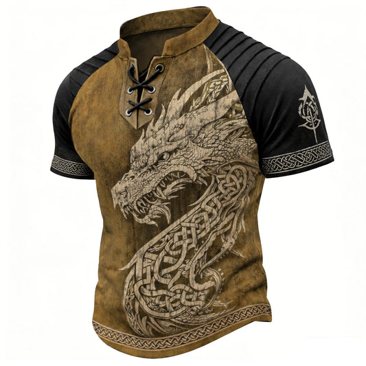 Men's Fantasy Dragon Print T-Shirt - Two-Tone Lace-Up Short Sleeve Stand Collar Top