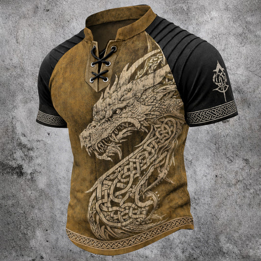 Men's Fantasy Dragon Print T-Shirt - Two-Tone Lace-Up Short Sleeve Stand Collar Top
