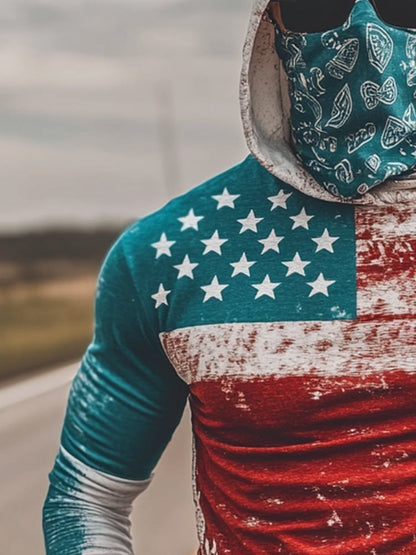 Men's Outdoor Sun Protection Breathable Cool Mask American Flag Print Hooded Sun Protection Long Sleeve Top