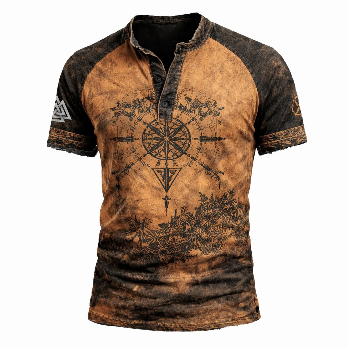 Men's Vintage Norse Print Henley T-Shirt - Distressed Rust Short Sleeve Casual Top