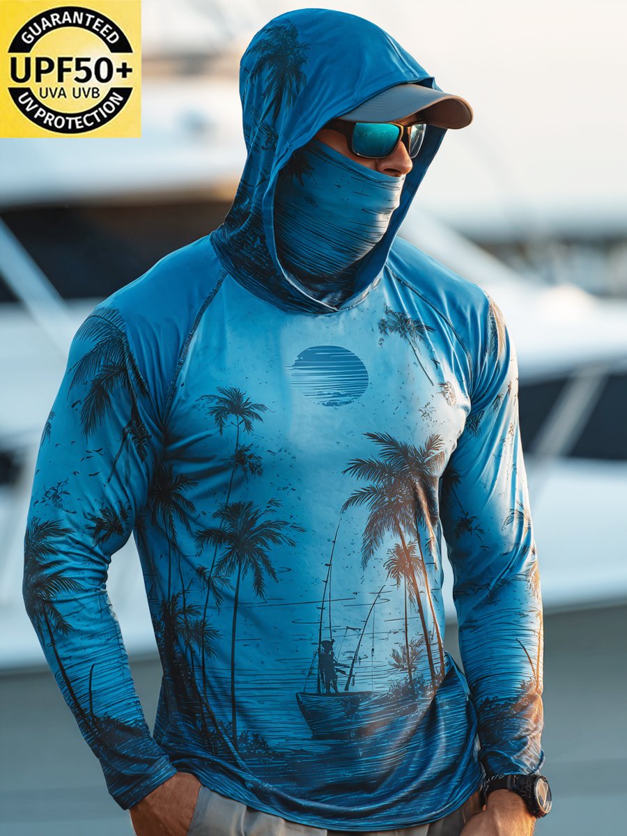 Men's Outdoor Sun Protection Breathable Cool Face Mask Hooded Printed Long-Sleeved Top