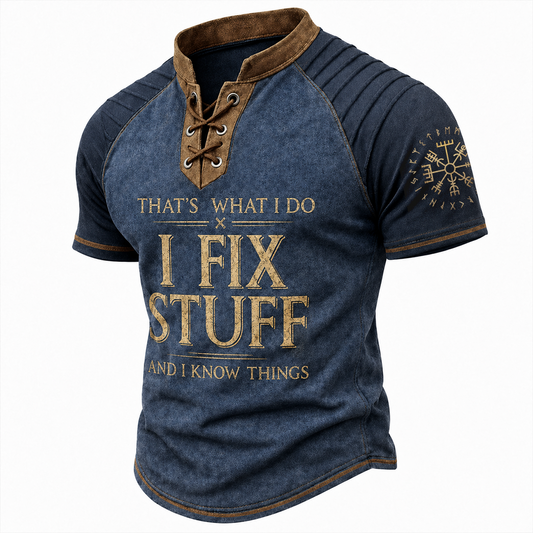 Men's Lace-Up Henley T-Shirt - Blue Rustic Graphic Short Sleeve Stand Collar Top