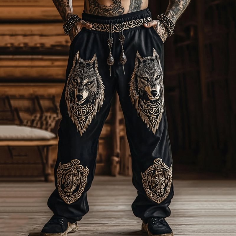 Men's Vintage Wolf Viking Celtic Skull Art Pants