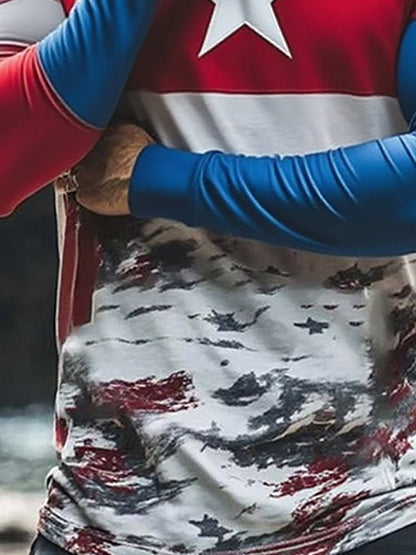 Men's Outdoor Sun Protection Breathable Cool Mask American Flag Print Hooded Sun Protection Long Sleeve Top