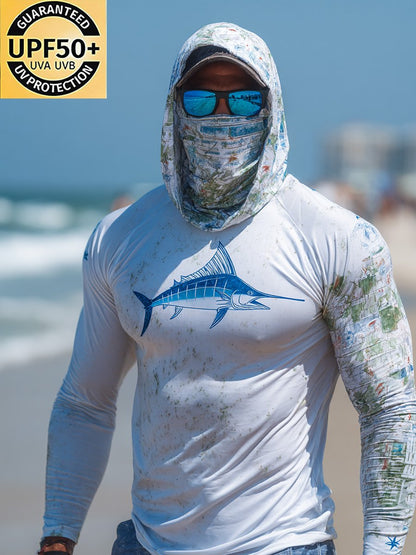 Men's Outdoor Sun Protection Breathable Cool Face Mask Hooded Printed Long-Sleeved Top