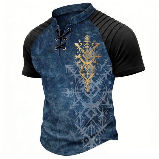 Men's Lace-Up Tribal Print T-Shirt - Vintage Blue Black Short Sleeve with Ribbed Shoulder